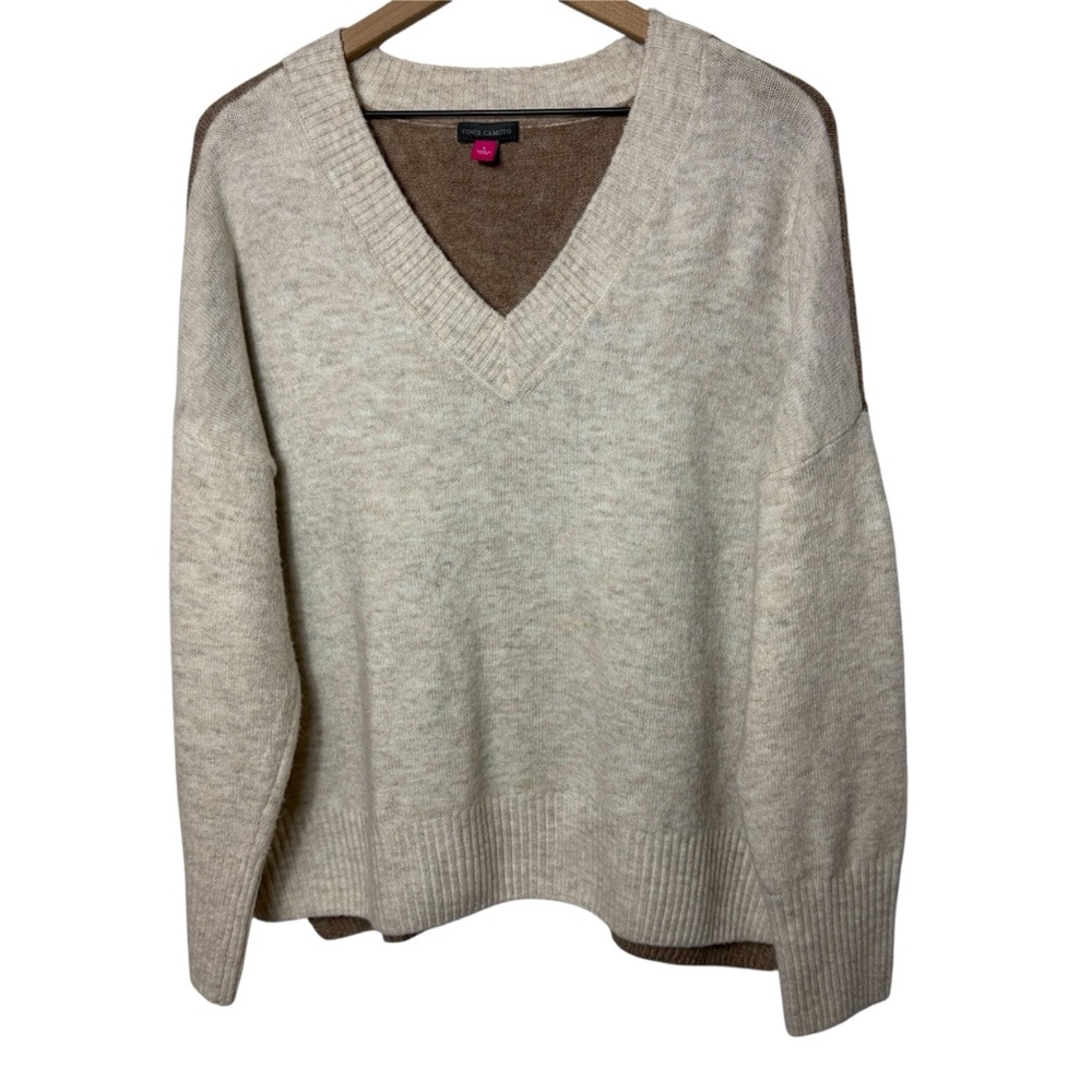 VINCE CAMUTO COLORBLOCK V-NECK WOMEN SOFT BROWN BEIGE SWEATER SIZE LARGE